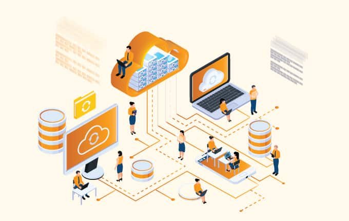 Isometric illustration of a group of people working with cloud-based IT support in Naples, Florida.