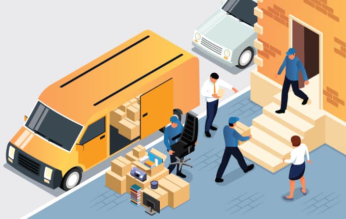 Isometric illustration of people loading a delivery van with camera support.