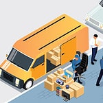 Isometric illustration of people loading a delivery van with camera support.
