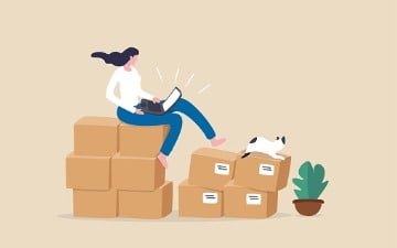 A woman utilizing Security Camera Tech sits on a stack of boxes with a cat.
