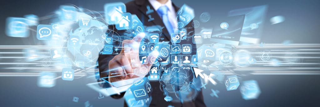 A man in a suit is interacting with a screen displaying security camera icons.