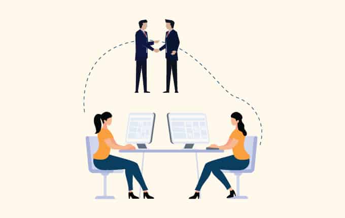 A flat illustration of a businessman shaking hands with a woman at a desk, highlighting computer support.