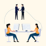 A flat illustration of a businessman shaking hands with a woman at a desk, highlighting computer support.