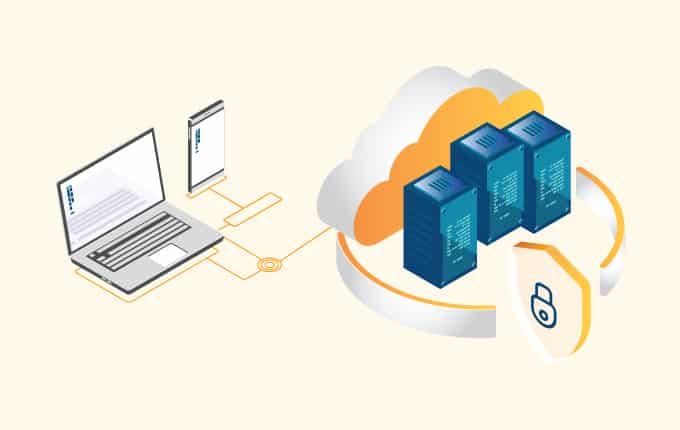 An isometric image of a cloud with a laptop connected to it, showcasing security camera technology and computer support in Naples Florida.