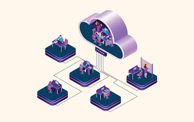 Isometric illustration of a group of people working in a cloud, incorporating computer tech and camera support.