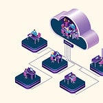 Isometric illustration of a group of people working in a cloud, incorporating computer tech and camera support.