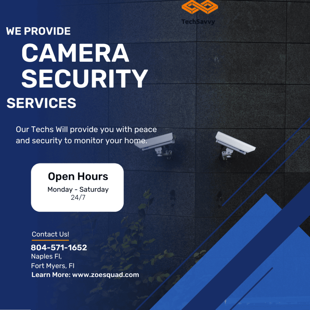Camera security services flyer template featuring Security Camera Tech and computer support in Naples, Florida.