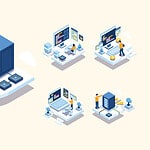 A set of isometric illustrations of people working in a server room, focusing on computer support and security camera tech.