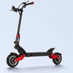 An electric scooter with black and red colors on a white background.
