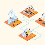 Isometric illustration of people working on a computer with computer support.