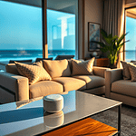 Modern living room with beige sofas and patterned cushions, a glass coffee table featuring a Google Home smart speaker, large windows showcasing an ocean view, and a potted plant in the corner.