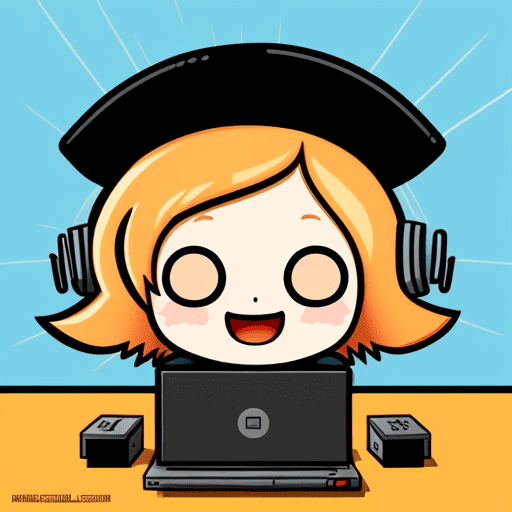 A cartoon girl sitting at a desk with headphones and a laptop, representing Florida's very own ZoeSquad - the superior tech-savvy solution to Geek Squad in Naples.