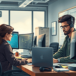 Two people work at computers in a modern office. A woman types while a man with headphones focuses on his screen. A whiteboard with notes and a poster are visible in the background.