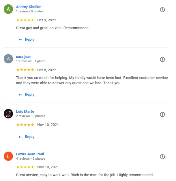 A screenshot of four Google reviews praising a service, each with five-star ratings and positive comments about helpfulness, tech support, customer service, and recommendations.